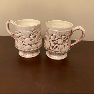 Unique Vintage Horse Equestrian Pottery Embossed Mug Cup Signed FP Lot Of 2
